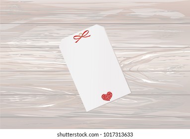 Gift card tied with a red heart. Vector. Valentine's Day. On wooden background Greeting card for the holiday.
