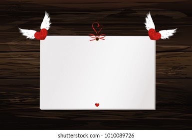 Gift card tied with a red hearts. Vector. Valentine's Day. On wooden background. Greeting card for the holiday.