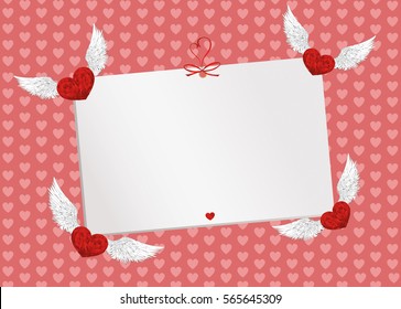 Gift card tied with a red hearts. Vector. Valentine's Day. Isolated on pink background. Greeting card for the holiday