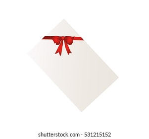 Gift card tied with a red ribbon with a beautiful bow. Vector. Isolated on white background
