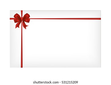 Gift card tied with a red ribbon with a beautiful bow. Vector. Isolated on white background