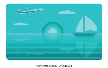Gift card for travel - on a turquoise background - Airplane, clouds and seascape with a yacht - with reflection in water - vector art illustration.