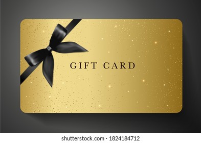 Gift card with twinkling stars, sparkling elements and bow (ribbon) on gold background. Golden template useful for any design, shopping card (loyalty card), voucher or gift coupon