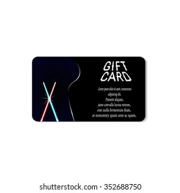Gift card with two light swords on night sky background. Vector template of gift card.