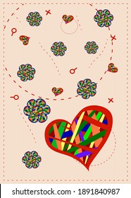 Gift card for Valentine's day in the form of colorful heart with flowers .