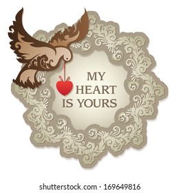 Gift card. Valentine's Day. Vector decorative wreath frame and bird with heart