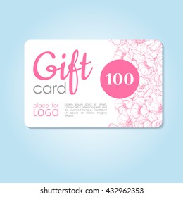 Gift card. Vector business discount template with delicate flowers in pink color. Cute Female voucher card concept with floral elements.