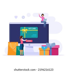 Gift card vector concept. Customer happy about discount card from store online while shopping