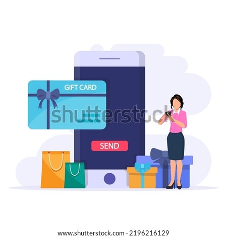 Gift card vector concept. Customer happy about discount card from store online while shopping
