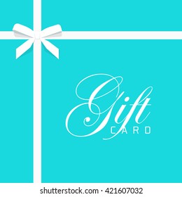 Gift card vector illustration on blue background, luxury thin gift bow with white ribbon and space frame for text, gift wrapping template for banner, poster or certificate voucher design 