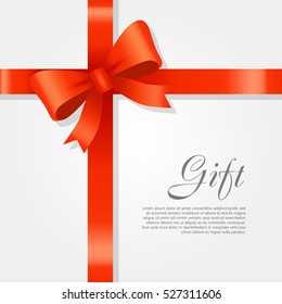 Gift card vector illustration on white background, luxury wide gift bow with red ribbon and space frame for text, gift wrapping template for banner, poster design. Simple cartoon style. Flat design