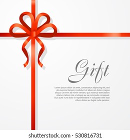 Gift card vector illustration on white background, luxury wide gift bow with red ribbon and space frame for text, gift wrapping template for banner, poster design. Simple cartoon style. Flat design