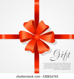 Gift card vector illustration on white background, luxury wide gift bow with red ribbon and space frame for text, gift wrapping template for banner, poster design. Simple cartoon style. Flat design