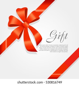 Gift card vector illustration on white background, luxury wide gift bow with red ribbon and space frame for text, gift wrapping template for banner, poster design. Simple cartoon style. Flat design
