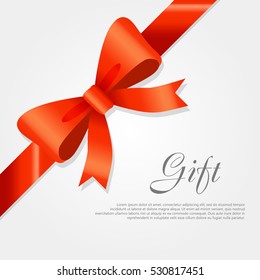Gift card vector illustration on white background, luxury wide gift bow with red ribbon and space frame for text, gift wrapping template for banner, poster design. Simple cartoon style. Flat design