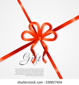 Gift card vector illustration on white background, luxury wide gift bow with red ribbon and space frame for text, gift wrapping template for banner, poster design. Simple cartoon style. Flat design