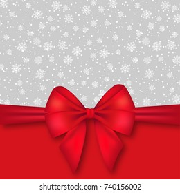 Gift card vector illustration on background with snowflakes and dots, luxury gift bow with red ribbon.  Template for banner, poster design.