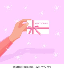 Gift card. Vector illustration of a woman's hand with a certificate. Gift card, certificate, voucher in hand. Flat design concept for website, banner