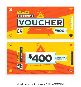 Gift card. Vector voucher with discount price two side template design isolated on white. Monetary gift card, coupon with special offer for shopping. Promotion marketing material illustration