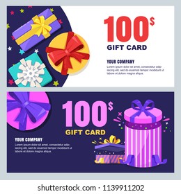 Gift card, voucher, certificate or coupon vector design layout. Discount banner template for surprise holidays greetings. Multicolor open, close present boxes.