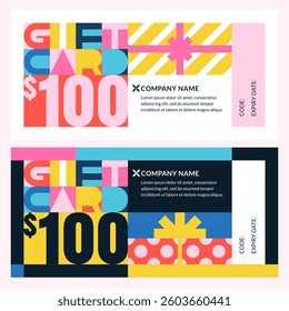 Gift card, voucher, certificate or coupon design template with colorful geometric lettering and gift boxes. Vector flat illustration. Discount banner layout for seasonal holiday sale