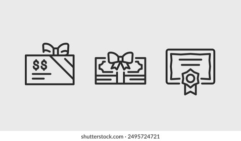 Tarjeta de regalo, cupón, iconos de certificado. Conjunto de iconos de recompensa. Tarjeta de regalo con cinta, vale con arco, certificado con iconos de sello aislados sobre fondo blanco. Ilustración vectorial.