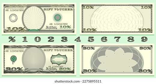 Gift card or voucher design template set. Banknote Bill with discount sale percent. Suitable for discount cards, leaflet, coupon, flyer, banners. Isolated on green background. Vector illustration