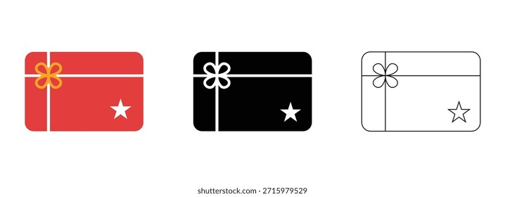 Conjunto de iconos de Tarjeta de regalo y cupón en estilo plano, sólido y contorno aislado sobre fondo blanco