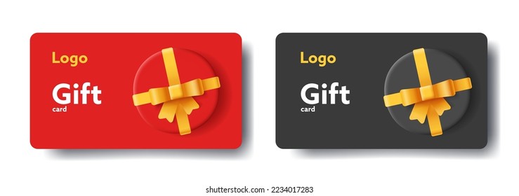 Gift card voucher with round black and red gift box top view with golden ribbon, isolated template