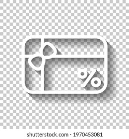 Gift card, voucher or shopping certificate, simple logo. White linear icon with editable stroke and shadow on transparent background