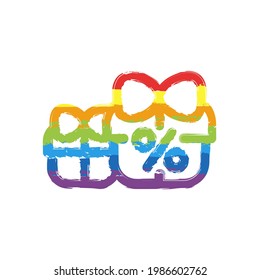 Gift card, voucher or shopping certificate, simple logo. Drawing sign with LGBT style, seven colors of rainbow (red, orange, yellow, green, blue, indigo, violet