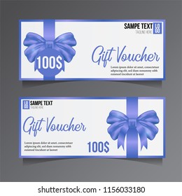 gift card voucher template with blue ribbon. vector illustration. 