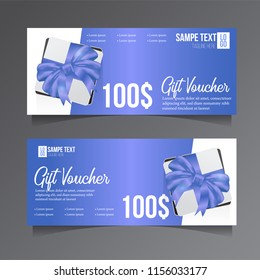 Gift Card Voucher Template With Gif Box And Blue Ribbon. Vector Illustration. 