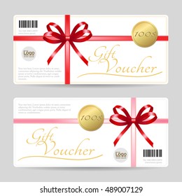 Gift card or gift voucher template with shiny red bows and ribbons vector