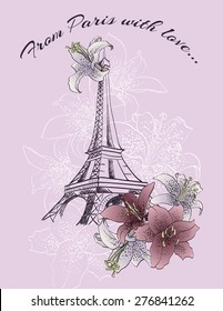 Gift card, Welcome to Paris France with flowers lilies