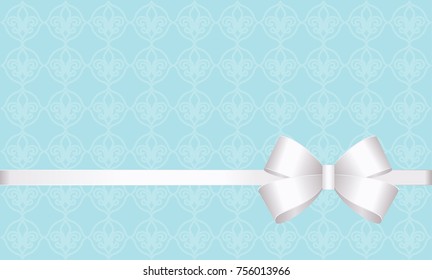 Gift Card With White Ribbon And A Bow  on blue background.  Gift Voucher Template with  place for text.  Invitation - vector image.