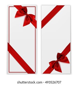 Gift card. White gift voucher templates with red ribbon and a bow. Vector illustration.