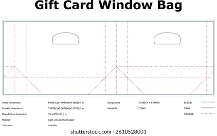 Gift Card Window Bag Technical Blueprint Packaging Design Template Layout With Crease And Trim Lines