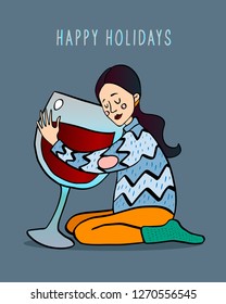 Gift card Winter Holiday (Christmas, Happy New Year) Cute girl with wine. Funny Vector illustration. 