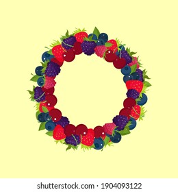Gift card. A wreath of fruits. Blueberries, raspberries, blackberries, cherries and bright green leaves. Yellow background No text, there is room for an inscription.