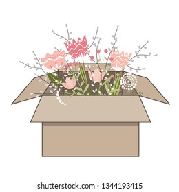 Gift cardboard box with beautiful spring doodle flowers on white background. Vector illustration