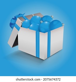 Gift cardboard box with a blue bow and white background with blue balls in a box vector illustration