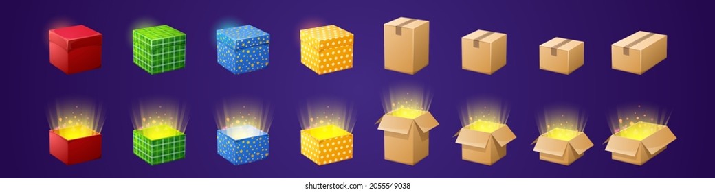 Gift and cardboard boxes for game gui design. Vector cartoon set of colorful present packages with reward, prize or surprise and carton parcels. Closed and open containers with gold light inside