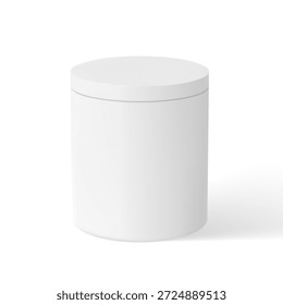 Presente caixa cilíndrica de cartão com tampa fechada. Realista 3D alto caixa branca redondo recipiente com tampa para presente surpresa pacote. Montagem de vetor. Caso de entrega de produtos. Pacote de encapsulamento da marca