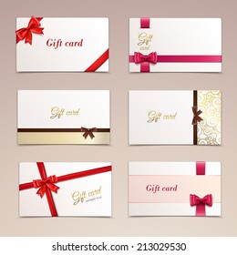 Gift cardboard paper cards set with red bows and ribbons vector illustration