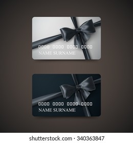 Gift Cards With Black Bow And Ribbon. Vector Illustration. Gift Or Credit Card Design Template