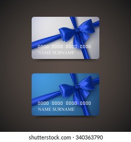 Gift Cards With Blue Bow And Ribbon. Vector Illustration. Gift Or Credit Card Design Template