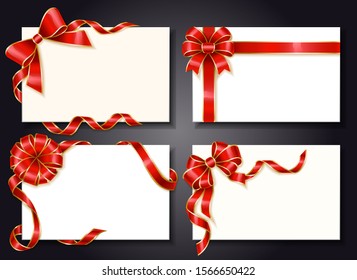 Gift cards or boxes on black, wrapped knots with shiny ribbons and bows. Four white greeting postcards with red tapes. Templates mockups of shopping certificate, vector illustration in flat style