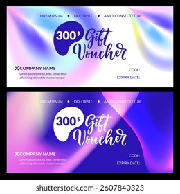 Gift cards collection with holographic gradient abstract colorful background. Template for creating certificate, discount coupon, voucher. Vector banner design