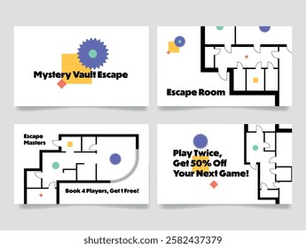 Gift cards for the escape room game, with a bright design, including promotional information for group bookings and discounts on future games.